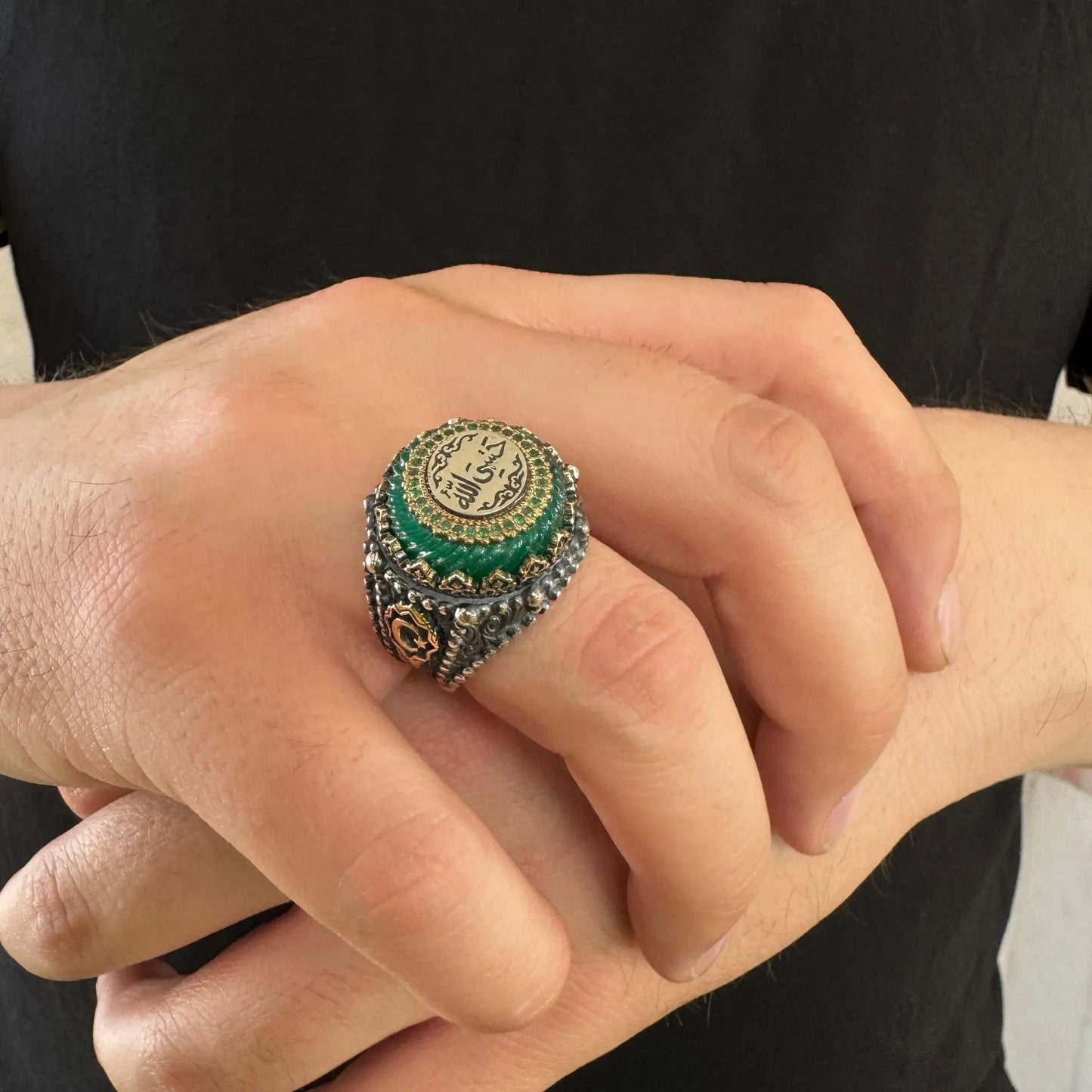 925 Sterling Silver Green Amber Stone Hasbi Allah (Allah is Sufficient for me) Islamic Men's Ring Religious Ring, Muslim Jewelry AMULET RING STORE