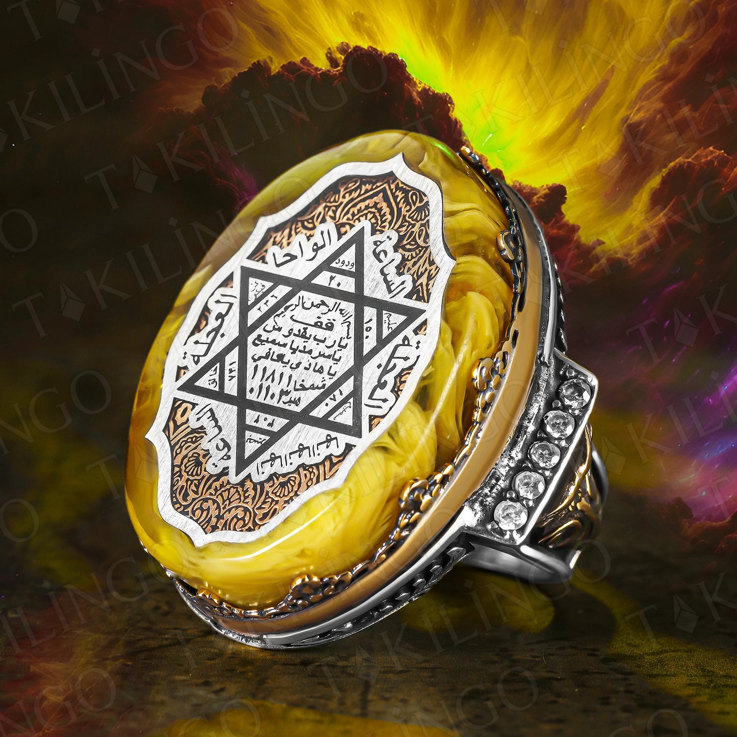 925 Sterling Silver Huge Seals of The Seven Archangels Amber Stone Mens Ring