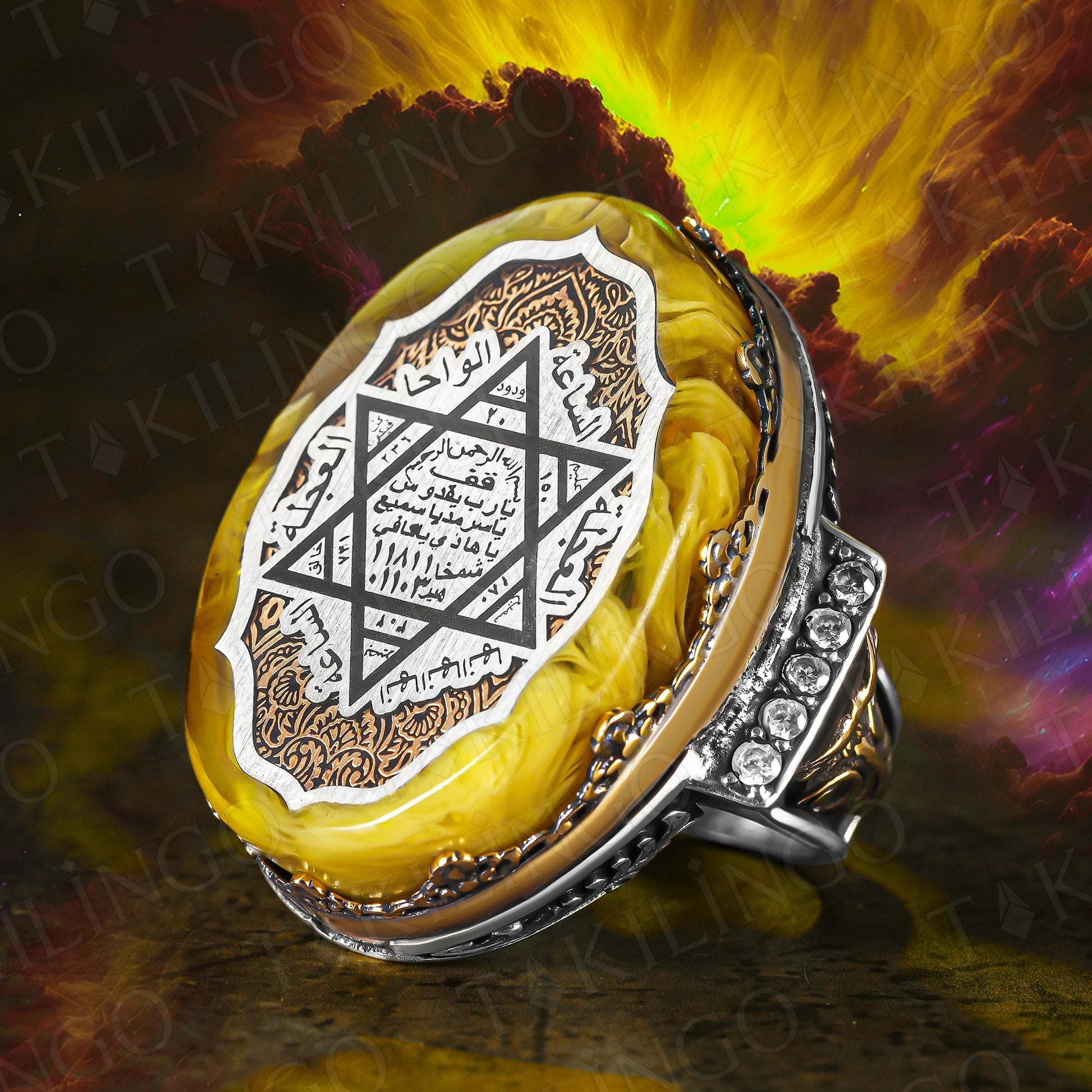 925 Sterling Silver Huge Seals of The Seven Archangels Amber Stone Mens Ring AMULET RING STORE