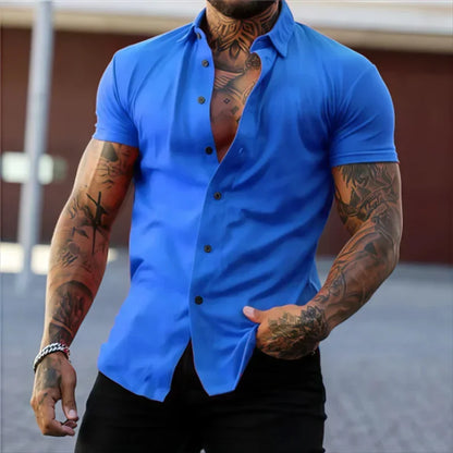 Men's Lapel Solid Color Short Sleeve Shirt Elastic Thin Casual Cardigan Non-iron Holiday Business Shirt