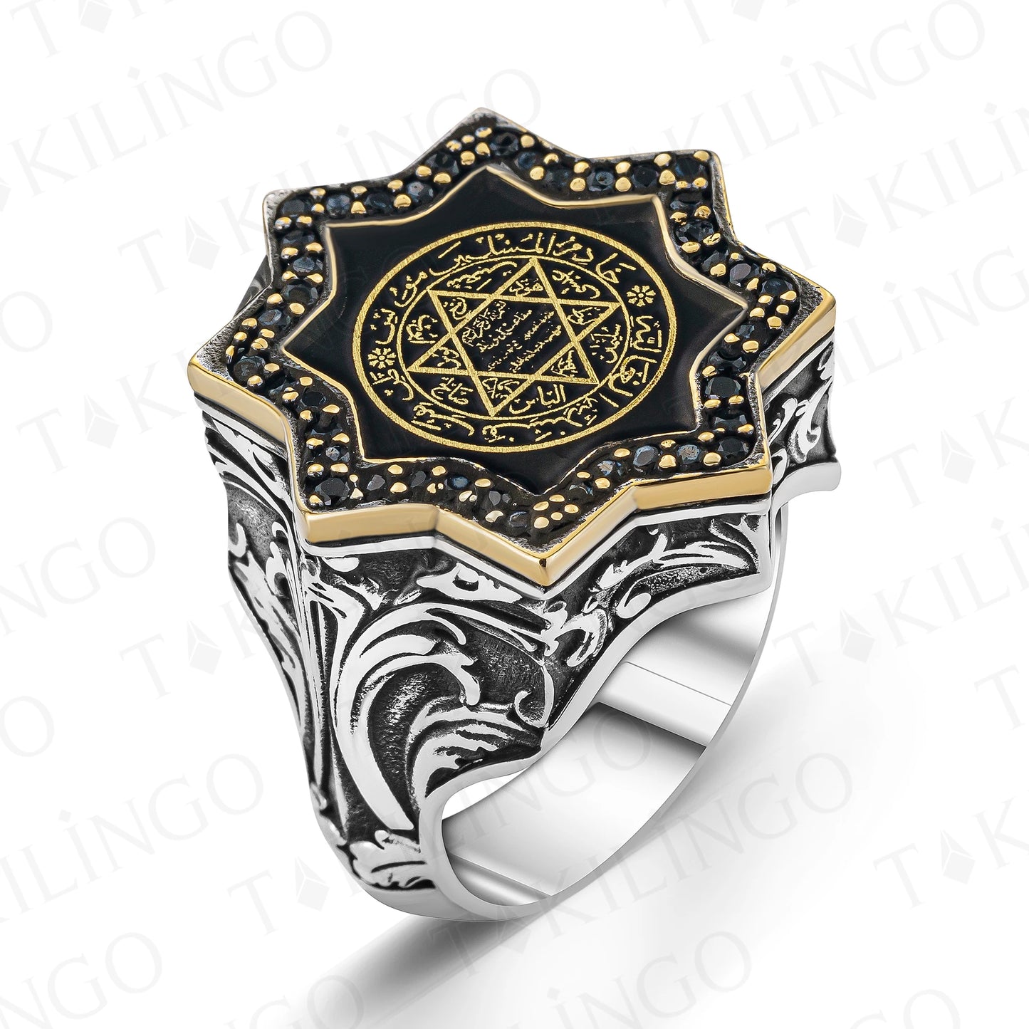 Elegant Solid 925 Sterling Silver Octagonal Prophet Seal Of Solomon With Zircon Men's Ring