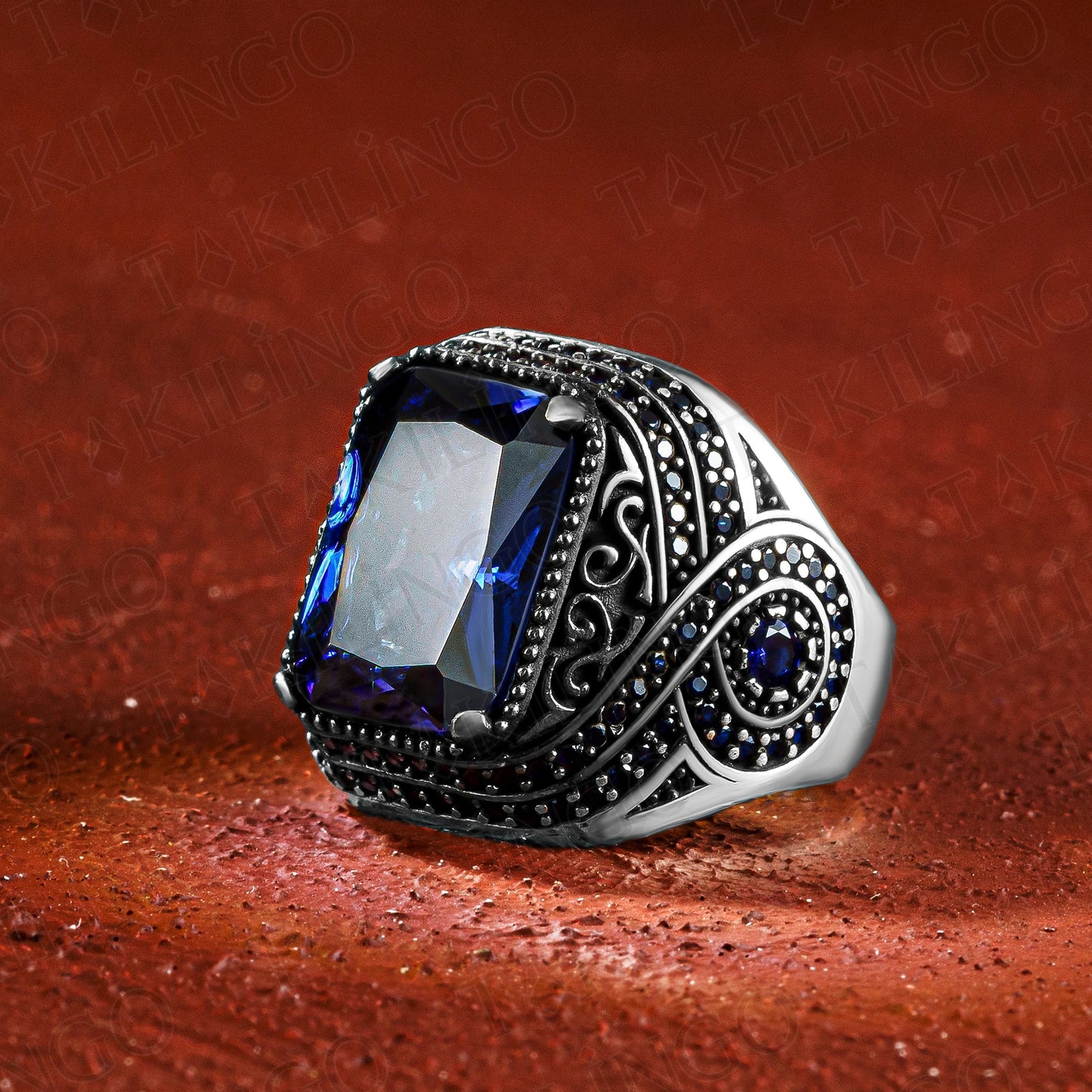 Elegant Stamped Solid 925 Sterling Silver Navy Blue Zirconia Stone Men's Ring Statement Handmade Jewelry Turkish Gift For Men