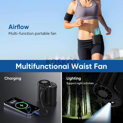 Portable Waist Fan, 10 Speed Fan with LED Light, Hands-Free Wearable Dual Clips Fans & Power Bank, for Camping, Outdoor, Jobsite