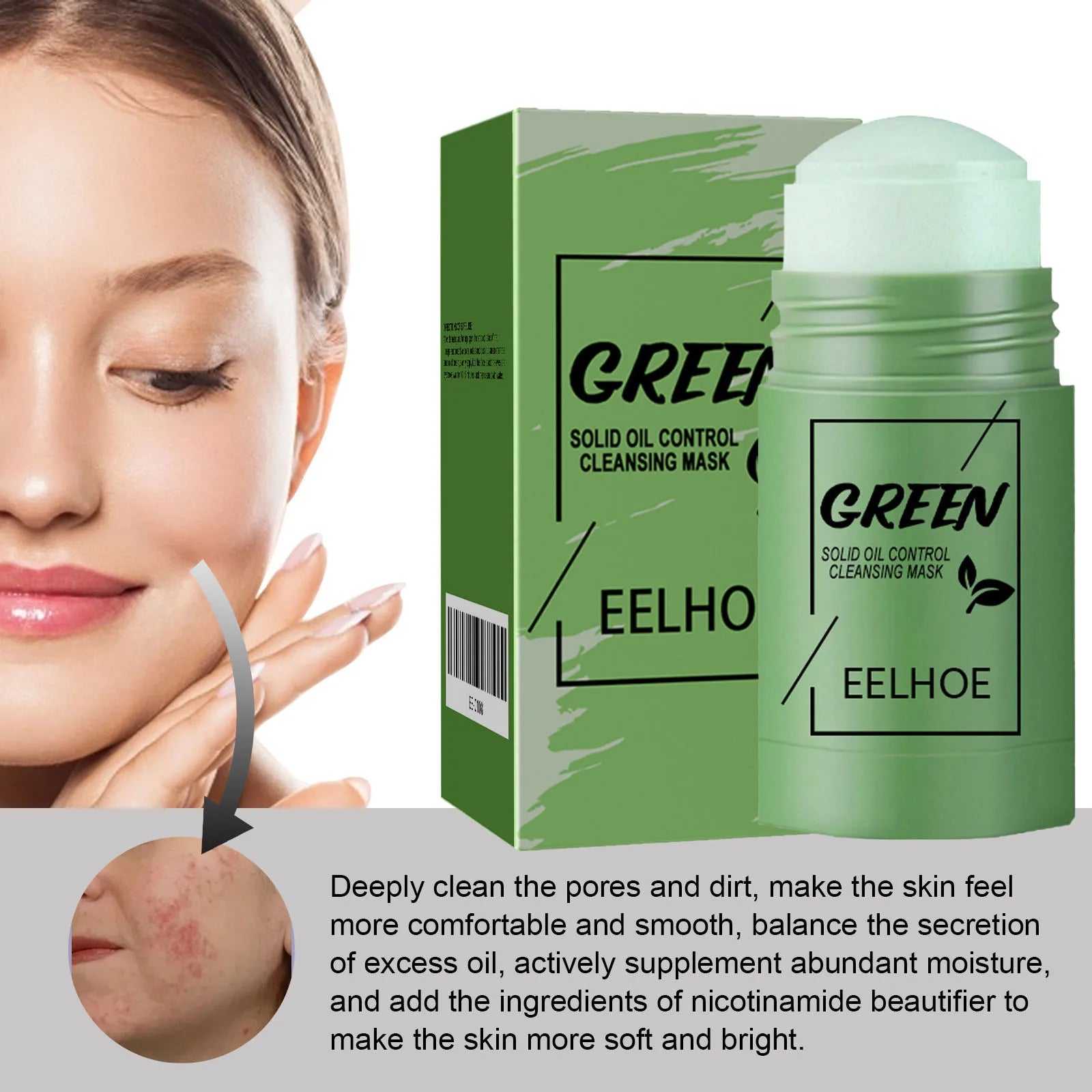 Eelhoe 40g Green Tea Cleansing Solid Face Mask Stick Acne Treatment Oil Control Moisture Remove Blackhead Clean Pores Face Mask - AMULET RING STORE