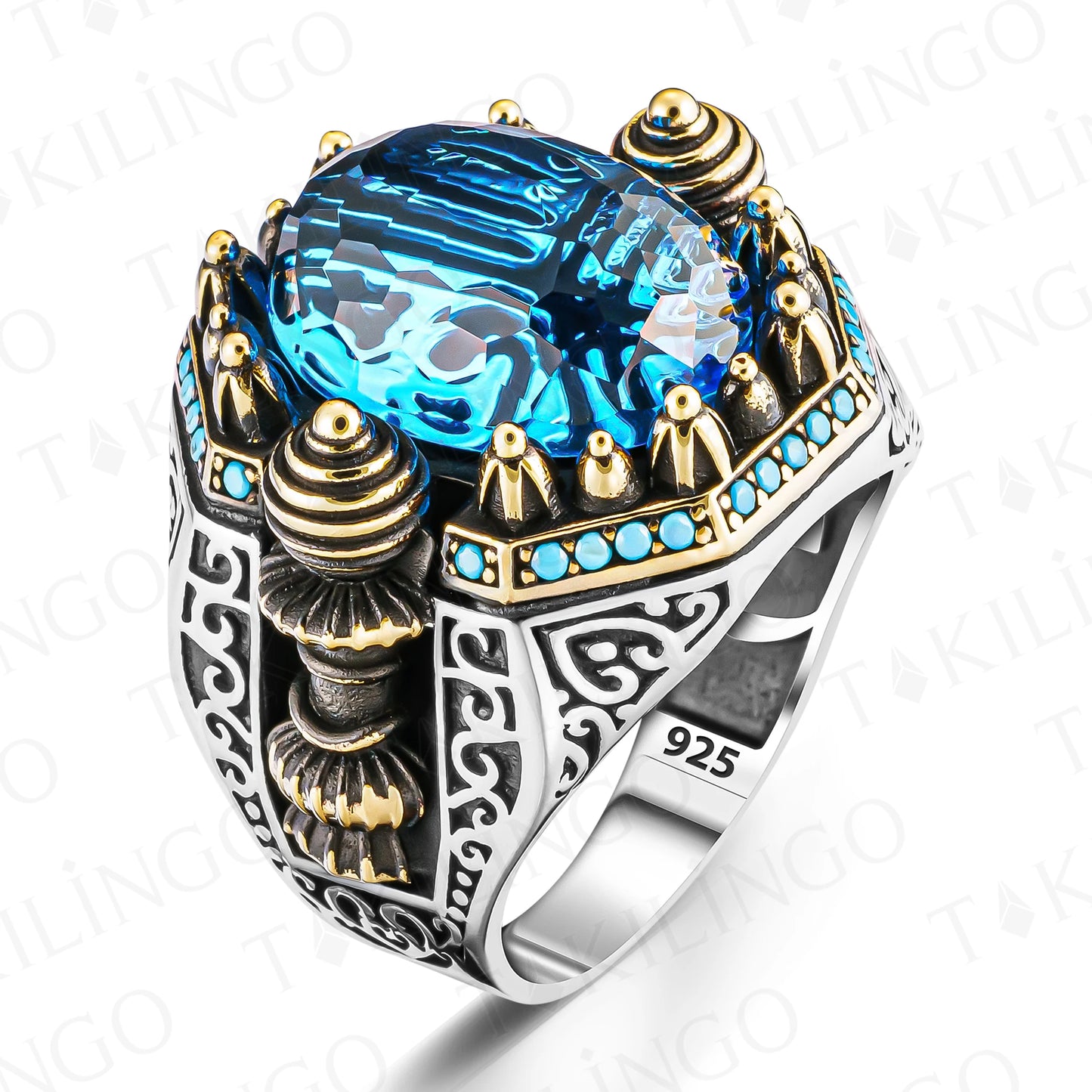 925 Sterling Silver Unique Turquoise Signet Rings for Men, Ottoman Turkish Handmade Men's Ring