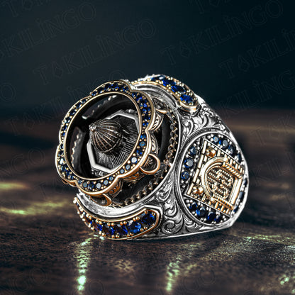 Solid 925 Sterling Silver Al-aqsa Mosque Motif Islamic Men's Ring With Cubic Zircon Stone Muslim Religious Ring Gift For Dad