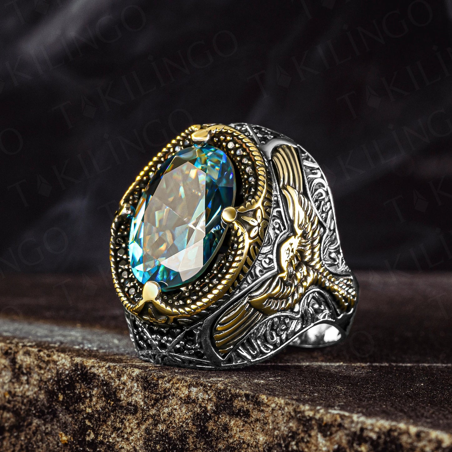 Solid 925 Sterling Silver Oval Ottoman Design Eagle Motif Blue Topaz Men's Ring Turkish Hanmade Silver Jewelry Gift For Men