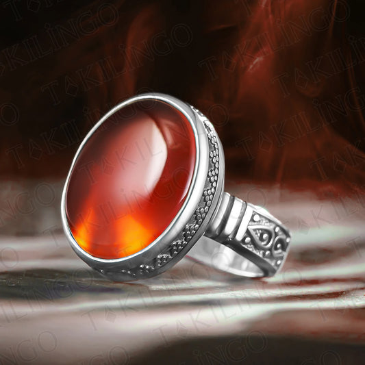 Yemeni Agate Rings for Men - Solid 925 Sterling Silver Retro Original Yemeni Stone Men's Ring