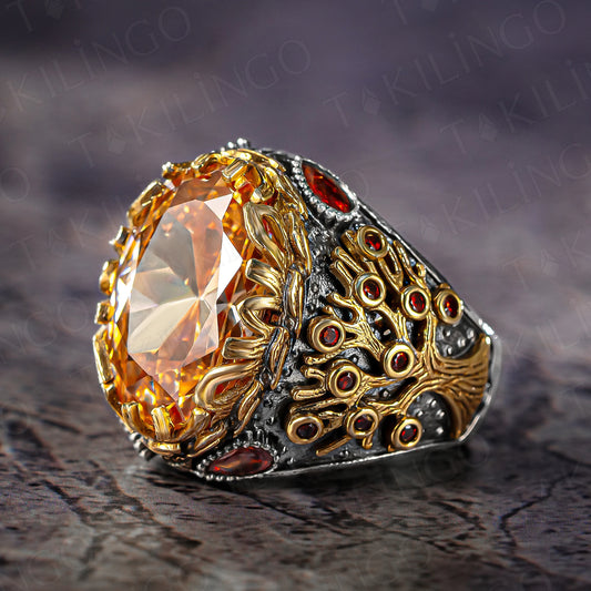 925 Sterling Silver Orange Citrine Stone Turkish Handmade Men's Ring Tree Life Motif Ring