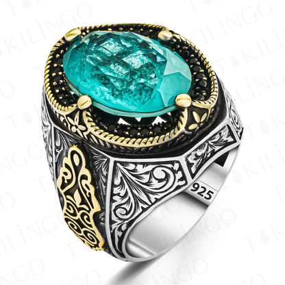 Elegant Solid 925 Sterling Silver Oval Ottoman Design Paraiba With Zircon Men's Ring Turkish Hanmade Silver Jewelry Gift For Men