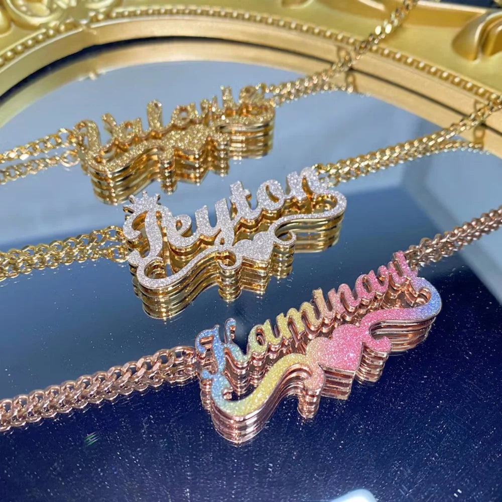 LeeChee Colorful Sticker Custom Double Layer Name Pendant Necklace Rainbow Sticker Necklace Jewelry Gift For Women