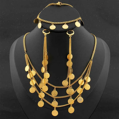Fashion Bride Jewelry Set Indian Luxury Gold Color Necklace Tassel Earrings with Bracelet Set Dubai Classic Jewellery Party Gift