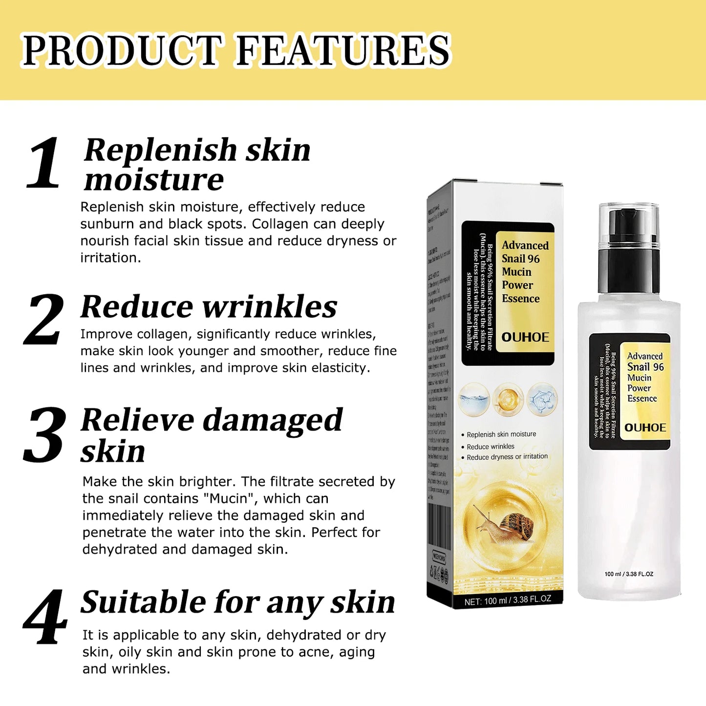 Ouhoe 96% Snail Mucin Skin Care Essence 92% Moisturizer Anti Aging Firming Facial Whitening Repair Dry Serum For Sensitive Skin