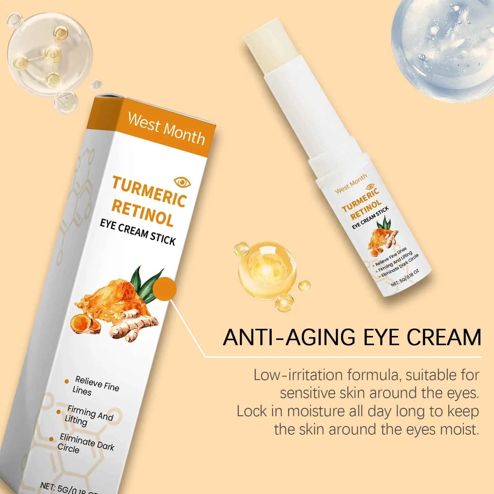 West Month 5g Turmeric Retinol Remove Dark Circles Eye Cream Stick  Anti Eye Bags Puffiness Brightener Moisturizing Eye Cream