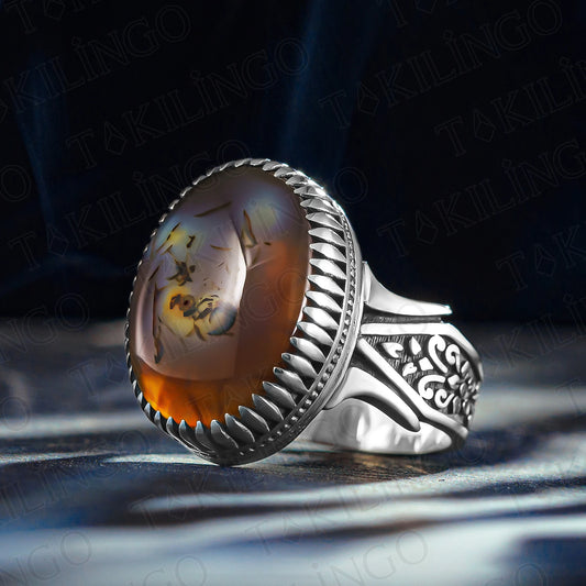 Vintage Handmade Yemeni Agate Rings for Men - Solid 925 Sterling Silver Retro Original Yemeni Stone Men's Ring Wedding Jewelry