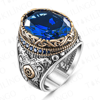 Solid 925 Sterling Silver Blue Sapphire Stone Luxury Ring for men Gift for Him Handmade Ring