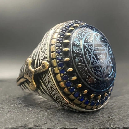 Handcrafted Men's Sword Design Ring with Seal of Solomon on Blue Agate