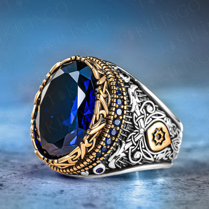 Solid 925 Sterling Silver Blue Sapphire Stone Luxury Ring for men Gift for Him Handmade Ring