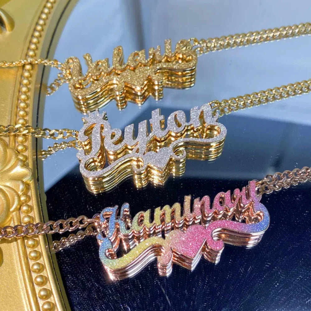 LeeChee Colorful Sticker Custom Double Layer Name Pendant Necklace Rainbow Sticker Necklace Jewelry Gift For Women