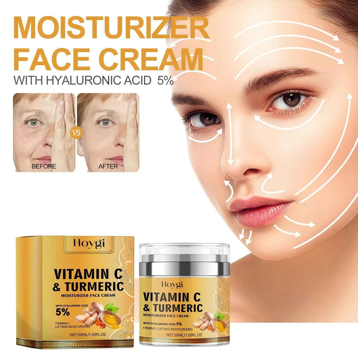 50ml Hoygi Turmeric Collagen Face Cream Dilute Color Spots Reduce Wrinkles Natural Skin Whiten Brighten Firm Moisturize Cream