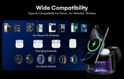 4-in-1 Magnetic Charging Station with RGB Night Light 15W Fast Wireless Charger Compatible with iPhone 12-16 Series Smart Watch