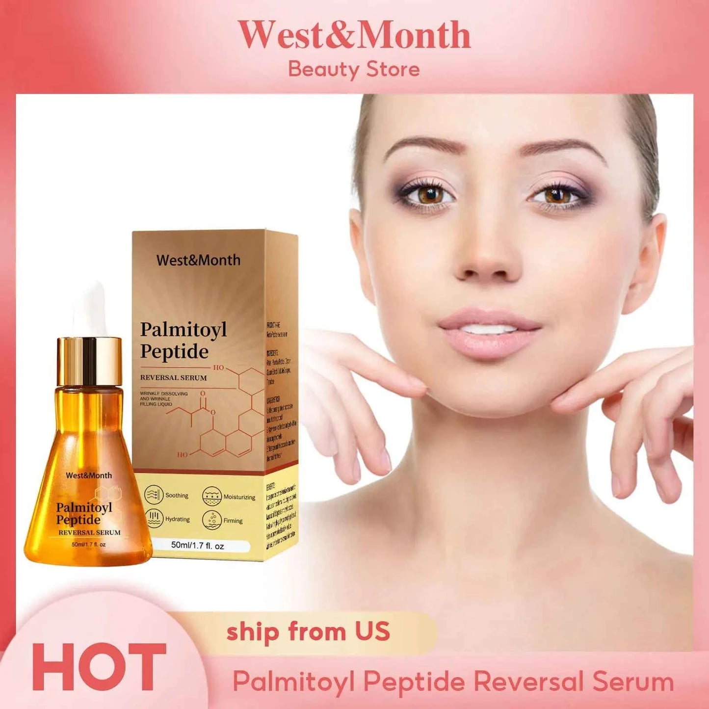 West&Month 50ml Palmitoyl Peptide Firming Facial Serum Hydrating Brightening Smooth Wrinkles Fine Lines Tightening Face Essence