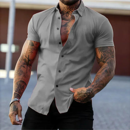 Men's Lapel Solid Color Short Sleeve Shirt Elastic Thin Casual Cardigan Non-iron Holiday Business Shirt