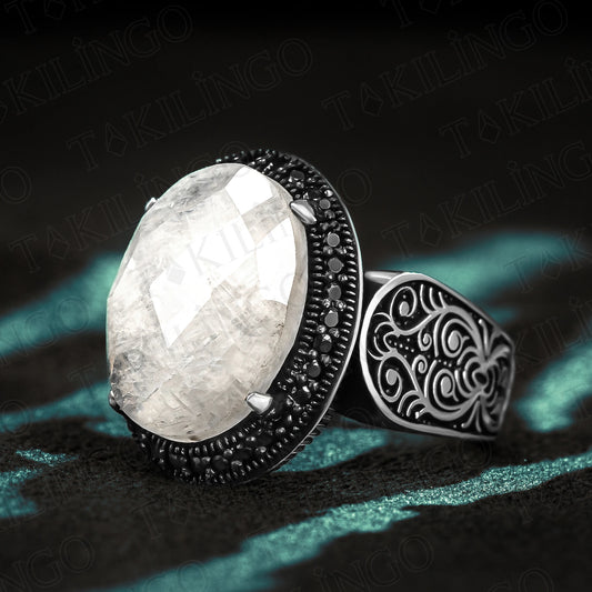 925 Sterling Silver Rainbow Faceted Moonstone Turkish Men's Ring With Cubic Zircon Ottoman Style Gift For Men