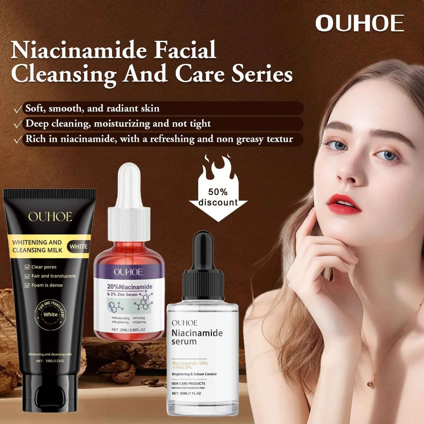 Ouhoe Niacinamide Serum Face Cleanser Brighten Skin Acne Removal Whitening Clean Pores Keratins Remove Moisturizing Skin Care