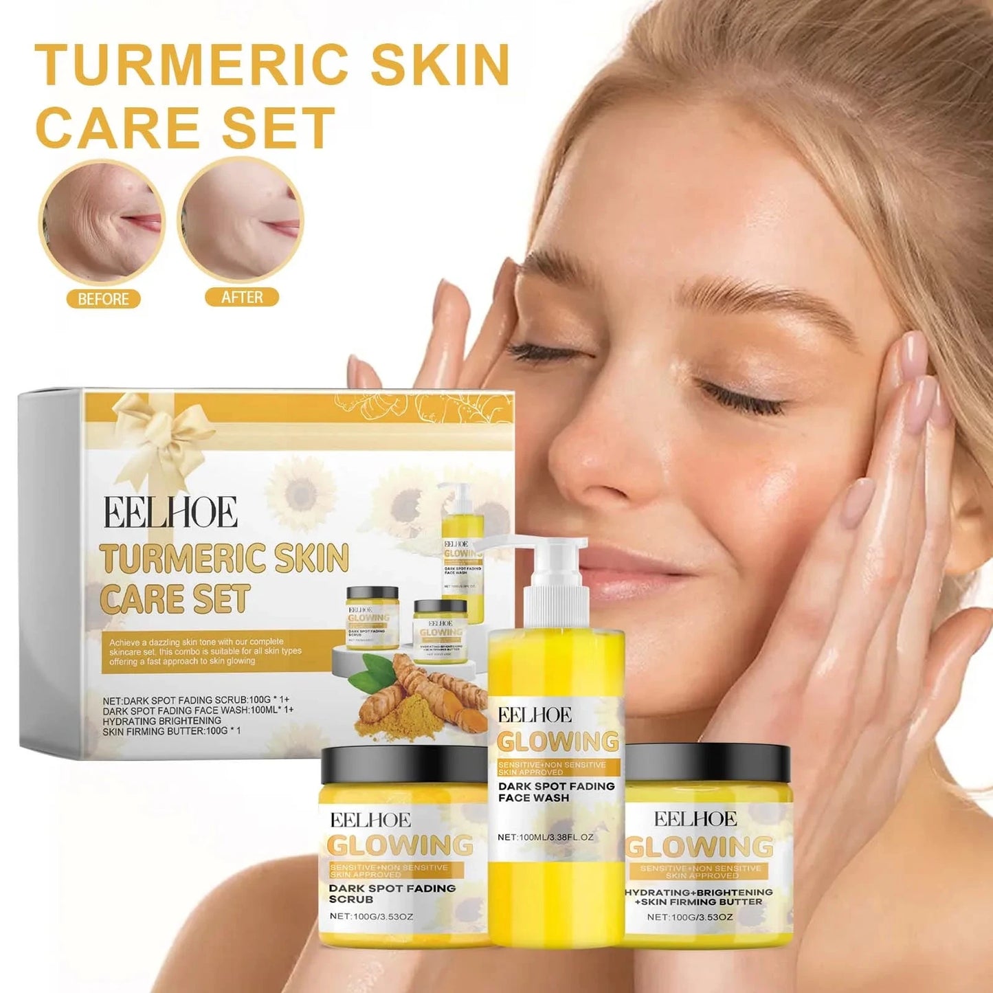 Turmeric Skincare Set Minimize Pores Anti-Aging Firming Skin Maintain Water Oil Balance Hydrating Moisturing Daily Facial Care - AMULET RING STORE