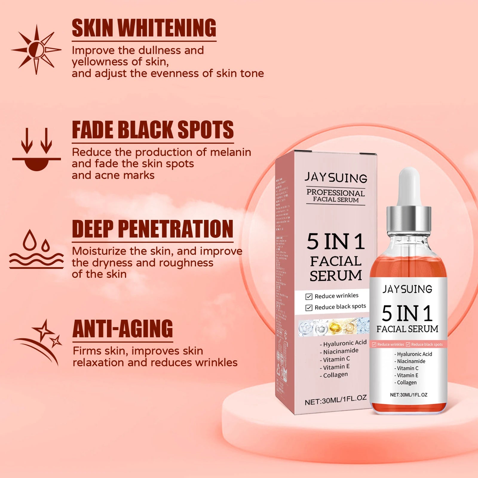 30ml Jaysuing Whiten Anti-Aging Facial Essence Reduce Fine Lines Firm Shrink Pores Fade Spots Moisturize Brighten Facial Essence - AMULET RING STORE
