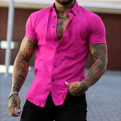 Men's Lapel Solid Color Short Sleeve Shirt Elastic Thin Casual Cardigan Non-iron Holiday Business Shirt