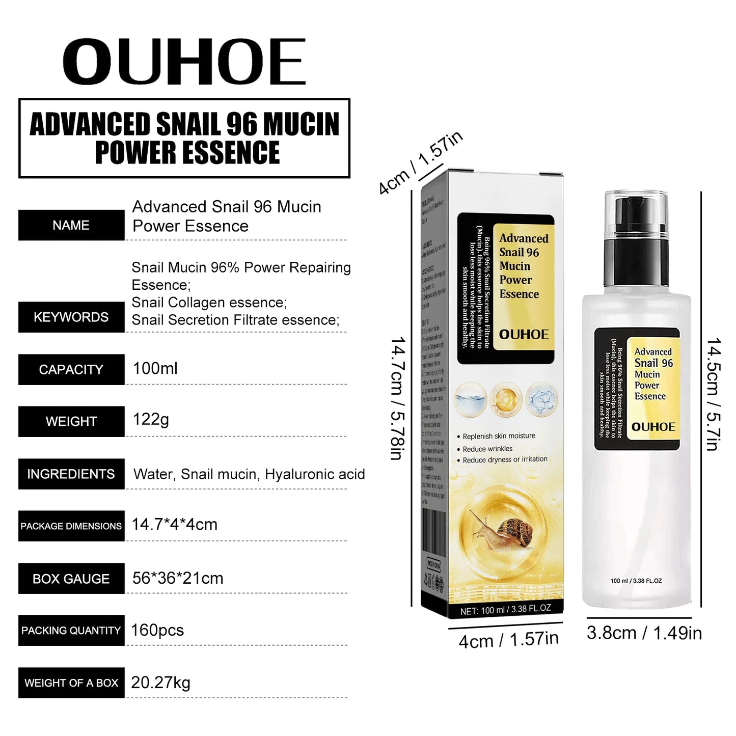 Ouhoe 96% Snail Mucin Skin Care Essence 92% Moisturizer Anti Aging Firming Facial Whitening Repair Dry Serum For Sensitive Skin
