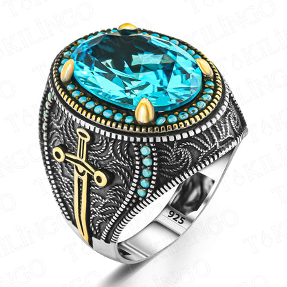 Stamped Solid 925 Sterling Silver Oval Aquamarine Stone Men's Ring Sword Design High Quality Handmade Jewelry Turkish For Men