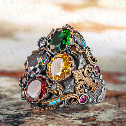 Solid 925 Sterling Silver Big Oval Sword Motif Mixed Zircon Stone Men's Ring Mystic Topaz Yellow Green Red Blue Zircon Stone Men