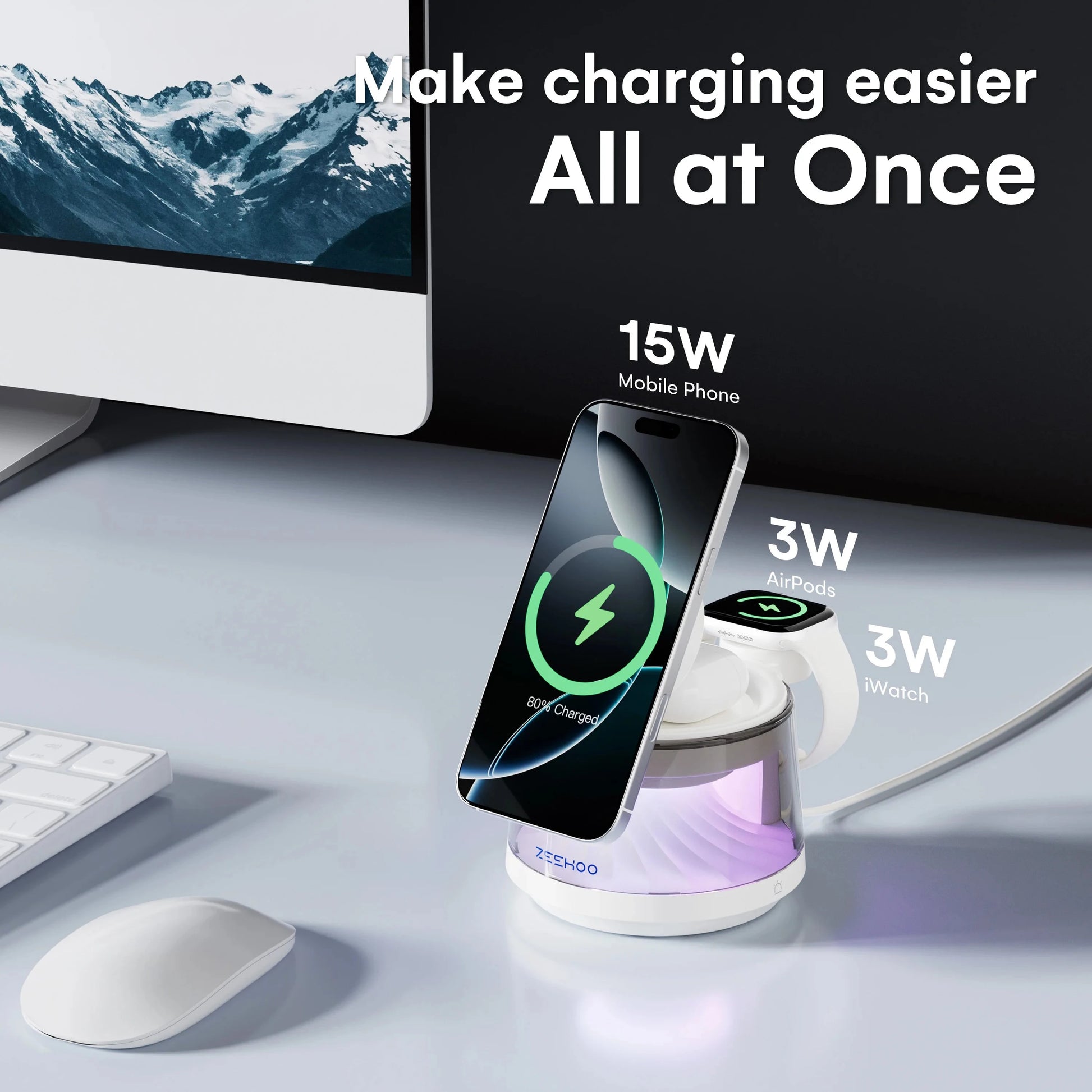 4-in-1 Magnetic Charging Station with RGB Night Light 15W Fast Wireless Charger Compatible with iPhone 12-16 Series Smart Watch