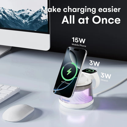 4-in-1 Magnetic Charging Station with RGB Night Light 15W Fast Wireless Charger Compatible with iPhone 12-16 Series Smart Watch