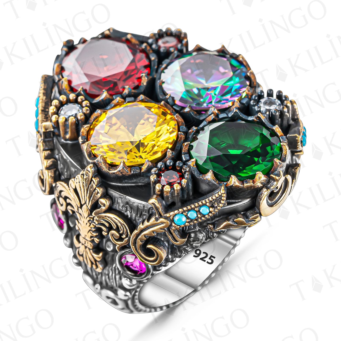 Solid 925 Sterling Silver Big Oval Sword Motif Mixed Zircon Stone Men's Ring Mystic Topaz Yellow Green Red Blue Zircon Stone Men