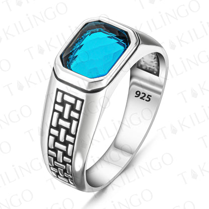 925 Sterling Silver Aquamarine Stone Turkish Men's Ring