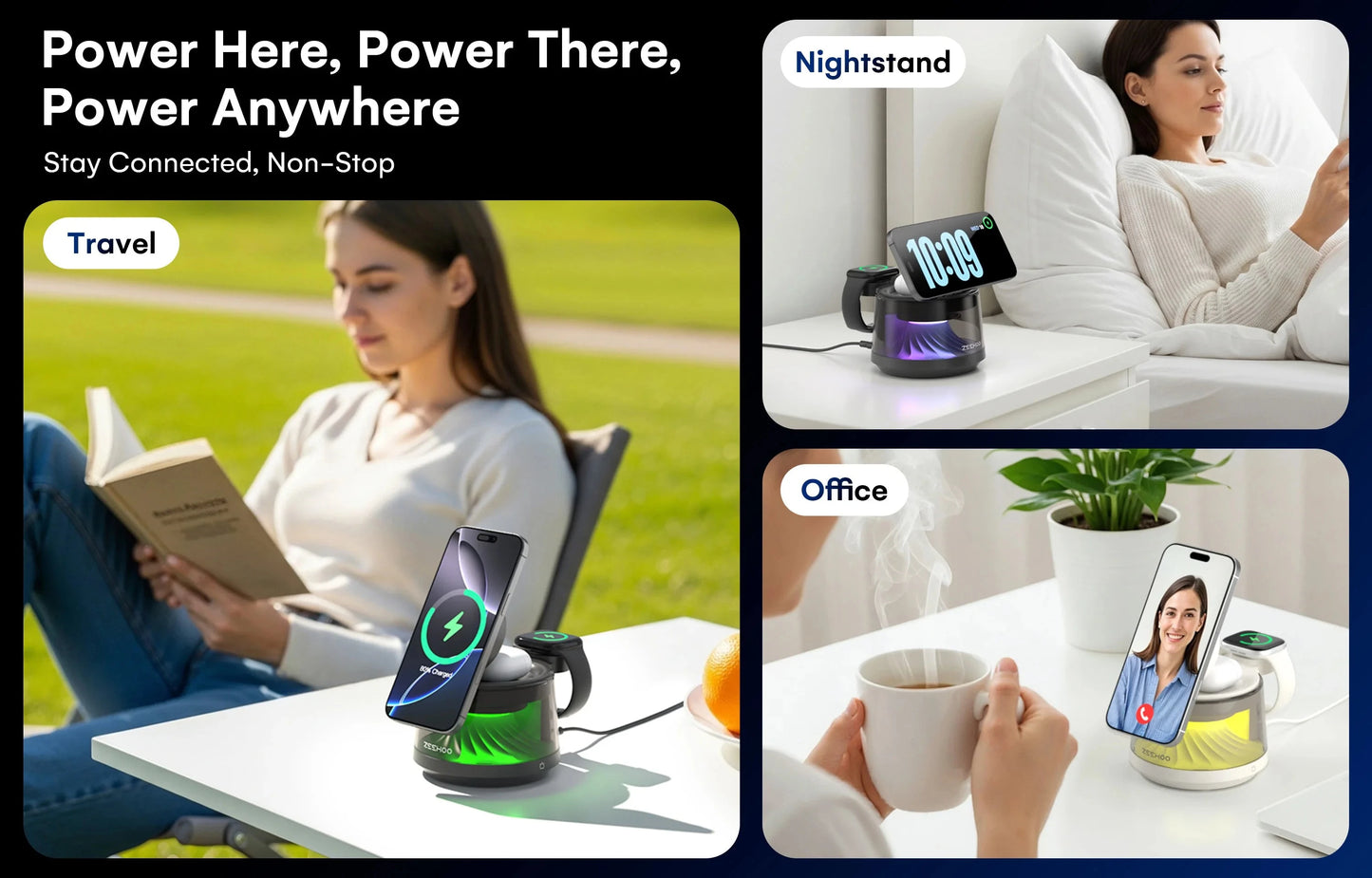 4-in-1 Magnetic Charging Station with RGB Night Light 15W Fast Wireless Charger Compatible with iPhone 12-16 Series Smart Watch