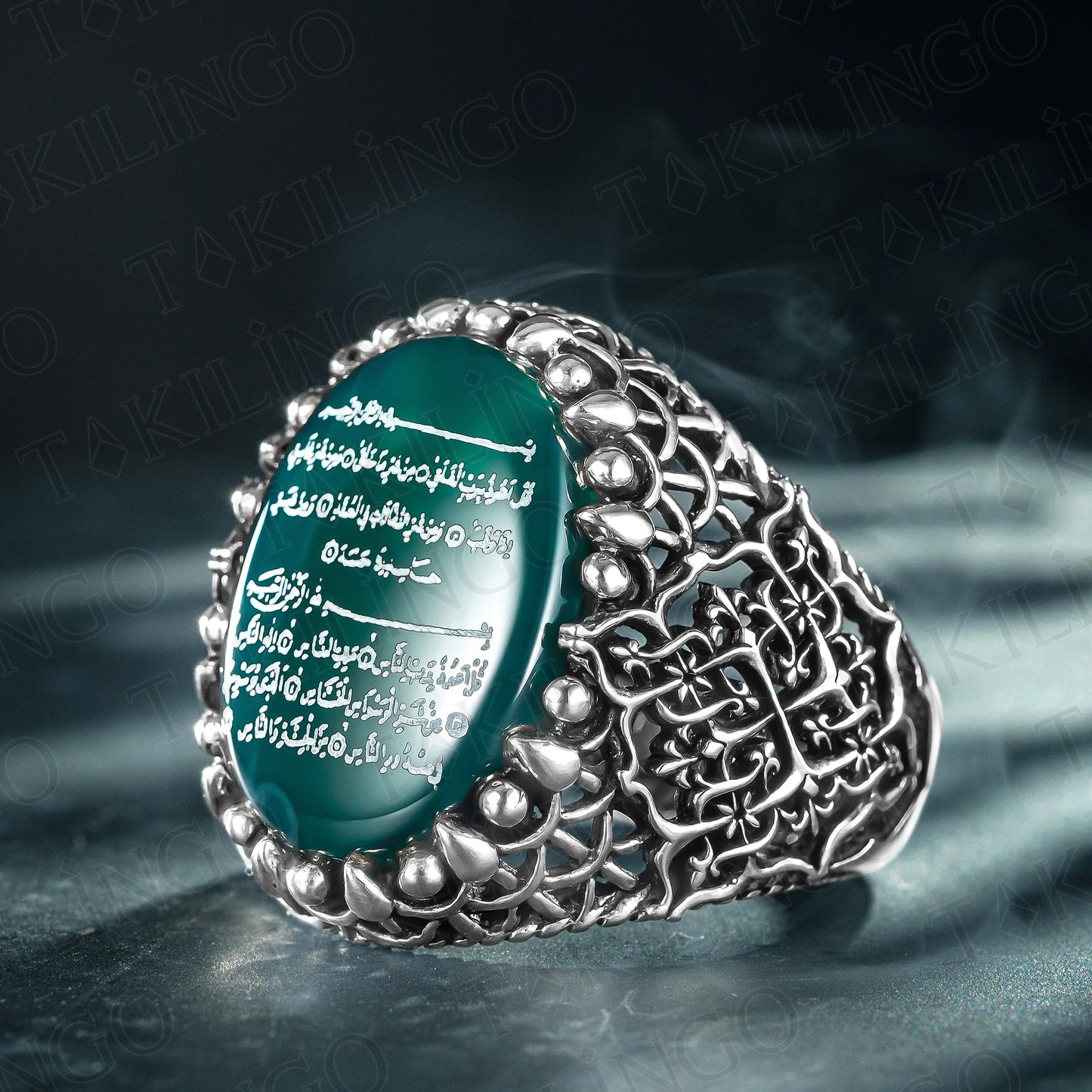 Solid 925 Sterling Silver Surah Falaq and Nas Written On Green Agate Stone Islamic Men's Ring, Muslim Religious Jewelry Ring