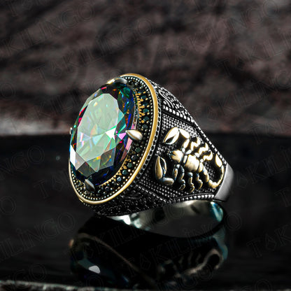 Elegant Stamped Solid 925 Sterling Silver Scorpion Design Mystical Topaz Men's Ring Handmade Jewelry Turkish Gift For Husband