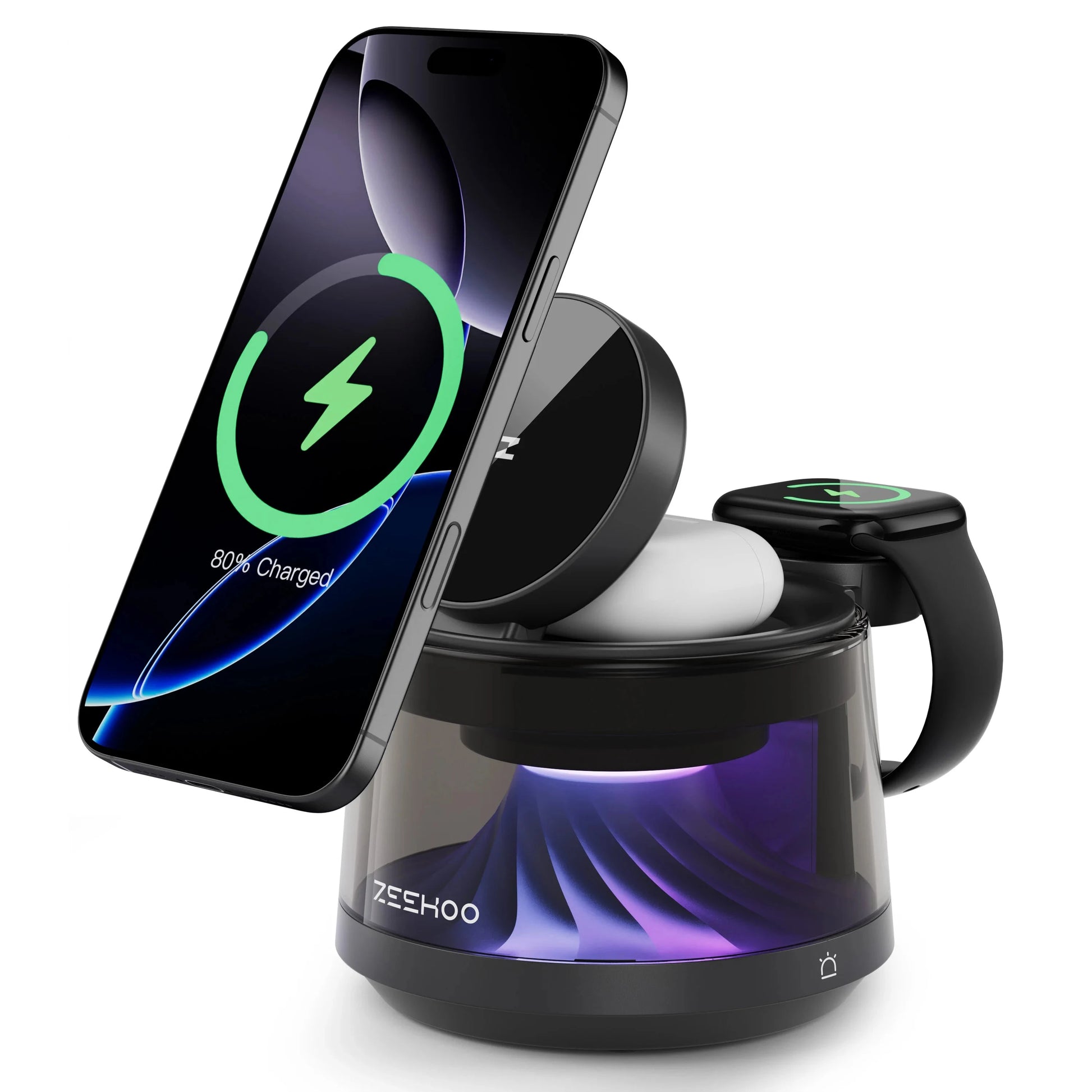 4-in-1 Magnetic Charging Station with RGB Night Light 15W Fast Wireless Charger Compatible with iPhone 12-16 Series Smart Watch