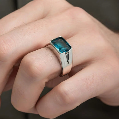 Elegant Design Cubic Zirconia Solid 925 Sterling Silver Blue Aquamarine Stone Men's Ring