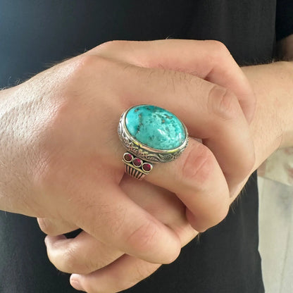 Vintage Handmade Turquoise Rings for Men - Solid 925 Sterling Silver Retro Original Turquoise Stone Men's Ring Cubic Zirconia