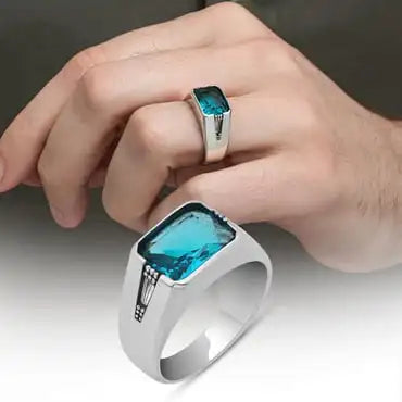 Elegant Design Cubic Zirconia Solid 925 Sterling Silver Blue Aquamarine Stone Men's Ring