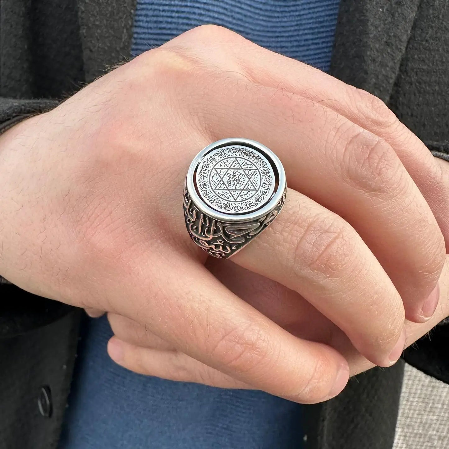 925 Sterling Silver The Word Tawheed Written Double Sided Seal Of Solomon Ring AMULET RING STORE