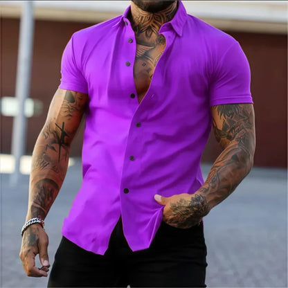 Men's Lapel Solid Color Short Sleeve Shirt Elastic Thin Casual Cardigan Non-iron Holiday Business Shirt
