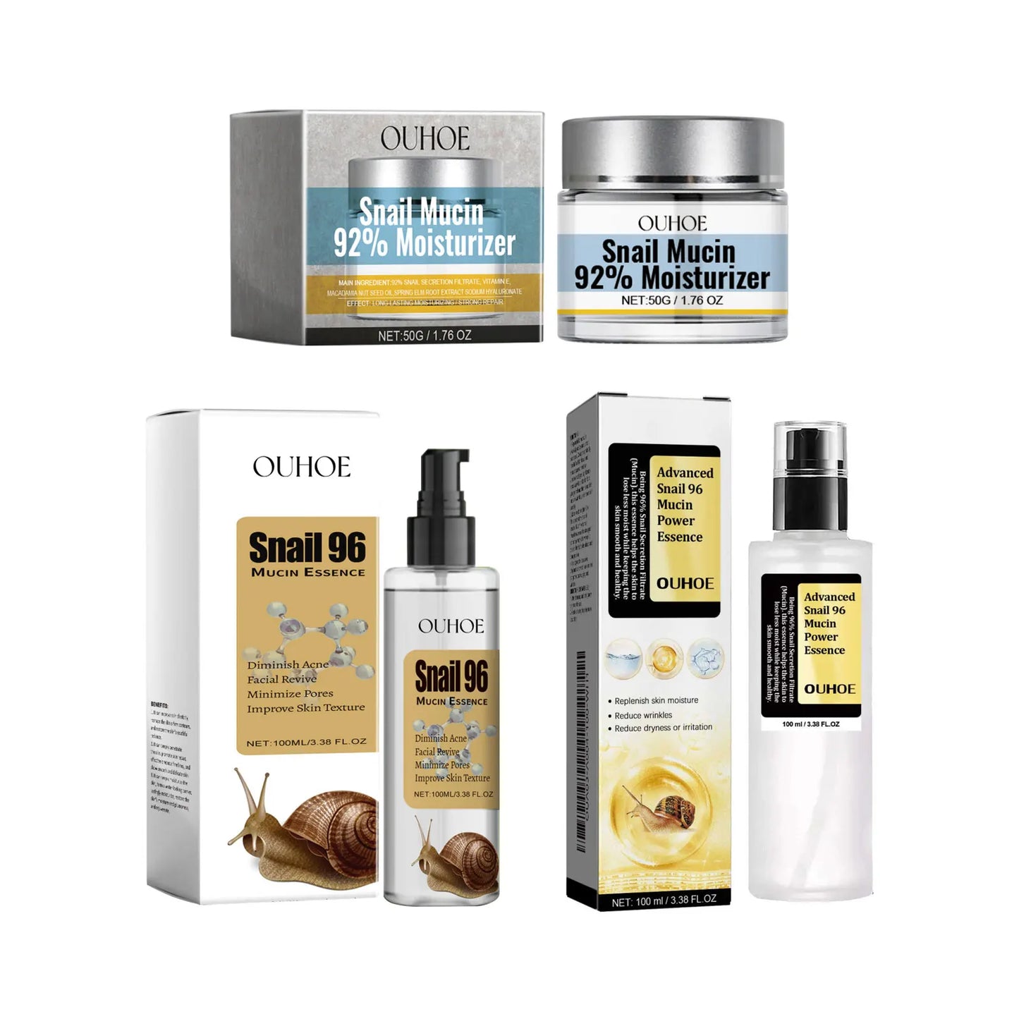 Ouhoe 96% Snail Mucin Skin Care Essence 92% Moisturizer Anti Aging Firming Facial Whitening Repair Dry Serum For Sensitive Skin