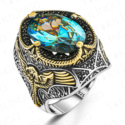 Solid 925 Sterling Silver Oval Ottoman Design Eagle Motif Blue Topaz Men's Ring Turkish Hanmade Silver Jewelry Gift For Men